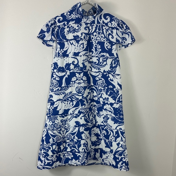 Alice & Olivia Blue & White Floral Karisse Mock Neck Mini Dress 4 - Picture 3 of 12